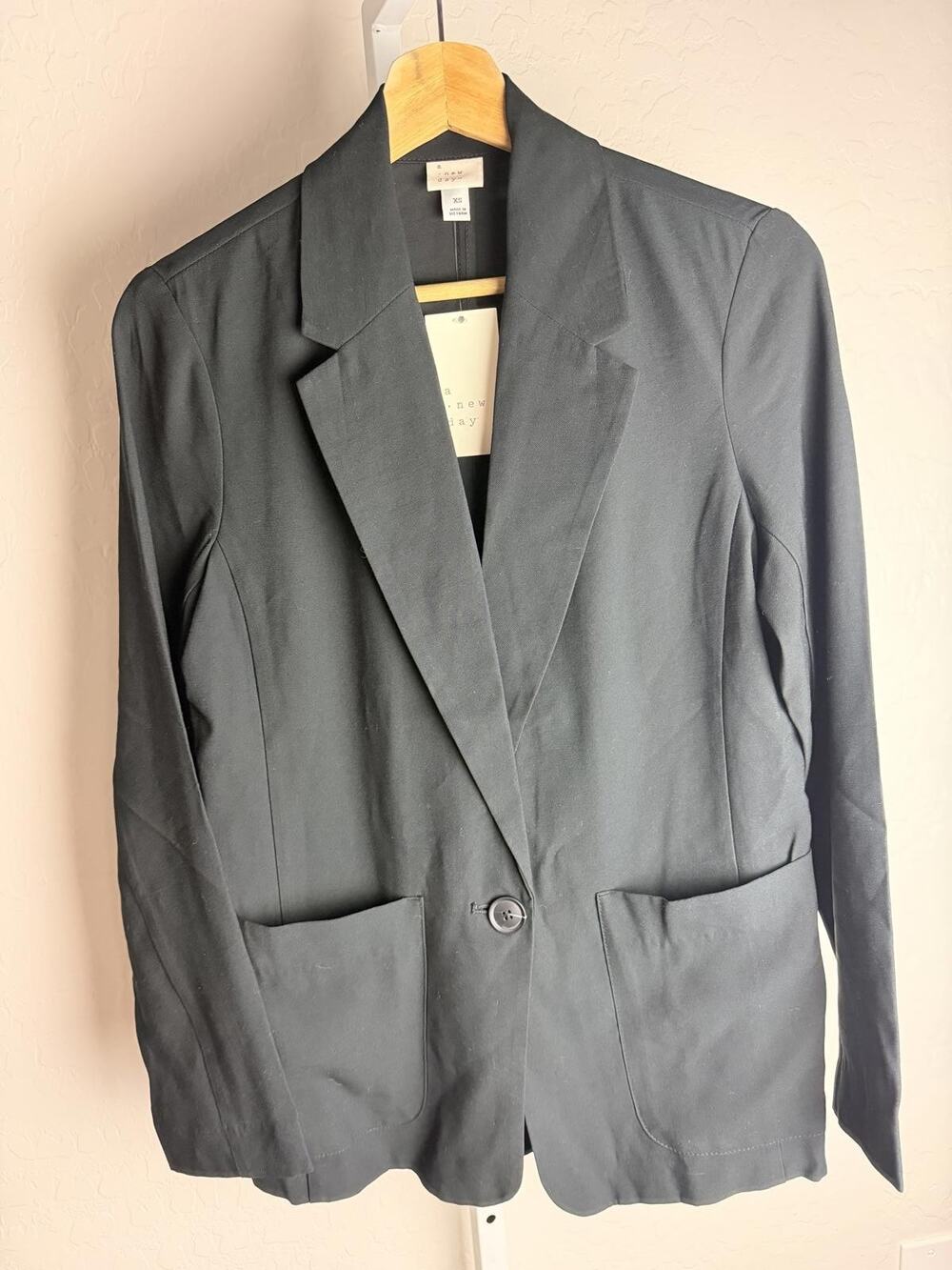 A New Day Black Blazer Jacket XS One Button Pocket Front Stretch NWT